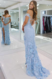 Blue Tulle Floral Lace Off Shoulder Corset Long Prom Dresses With Slit, SLP042 | evening dresses | prom dresses near me | cheap long prom dresses | simidress.com