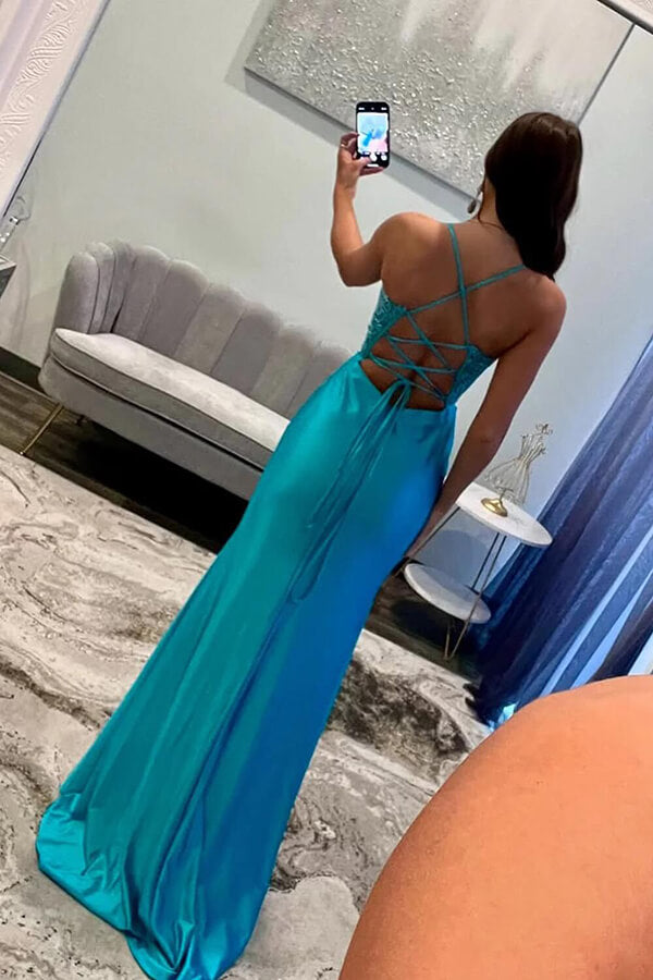 Blue Satin Mermaid Spaghetti Straps Lace Appliques Prom Dress With Slit, SLP065 | satin prom dress | mermaid prom dress | prom dress shops | simidress.com