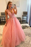 Blush Tulle A-line V-neck Princess Long Prom Dress With Lace Appliques, SP983
