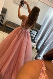 Blush Tulle A-line V-neck Princess Long Prom Dress With Lace Appliques, SP983 image 2
