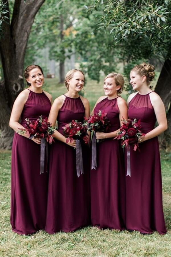 Burgundy Chiffon A-line Halter Bridesmaid Dresses, Wedding Party Dress, BD142 | cheap bridesmaid dress | simple bridesmaid dress | bridal party dress | simidress.com