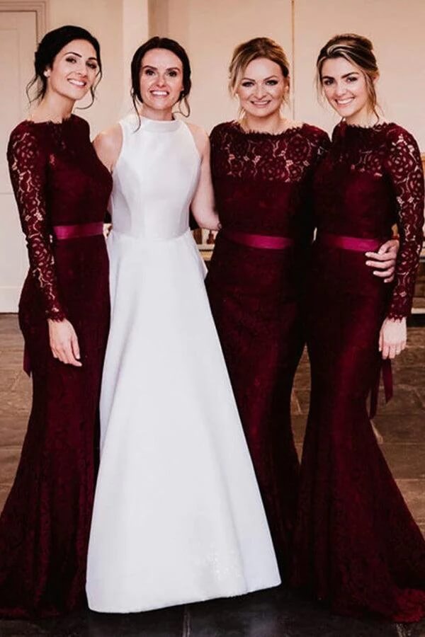 Burgundy Lace Mermaid Long Sleeves Bridesmaid Dresses With Train, BD142 | budget bridesmaid dresses | long sleeves bridesmaid dress | junior bridesmaid dresses | simidress.com