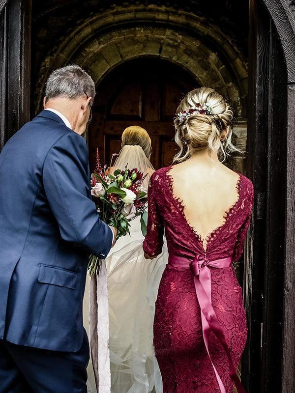 Burgundy Lace Mermaid Long Sleeves Bridesmaid Dress, BD142