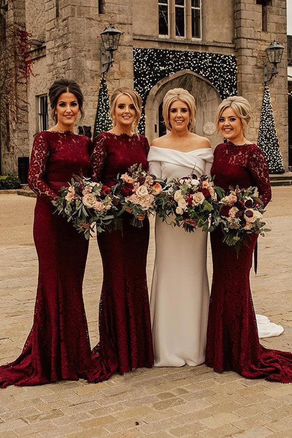 Burgundy Lace Mermaid Long Sleeves Bridesmaid Dresses With Train, BD142 | burgundy bridesmaid dress | lace bridesmaid dress | wedding party dresses | simidress.com