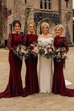 Burgundy Lace Mermaid Long Sleeves Bridesmaid Dresses With Train, BD142