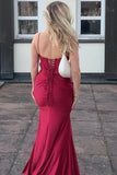 Burgundy Satin Mermaid V Neck Spaghetti Straps Pleated Long Prom Dress, SLP093 image 2