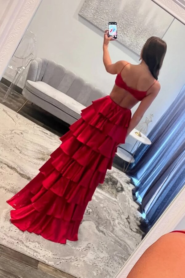 Charming Red Satin A Line V Neck Tiered Prom Dresses With Slit, SLP069 | prom dress shops | prom dress for girls | long prom dresses online | simidress.com