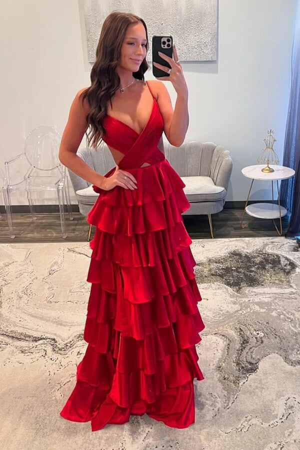 Charming Red Satin A Line V Neck Tiered Prom Dresses With Slit, SLP069 | red prom dresses | long formal dresses | cheap prom dress | simidress.com