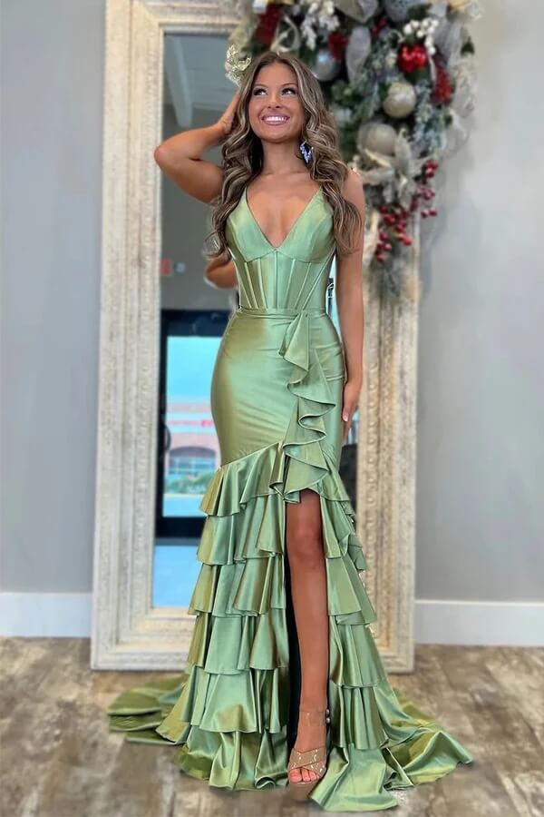 Sage Satin Tiered Mermaid V Neck Slit Prom Dresses, SLP077