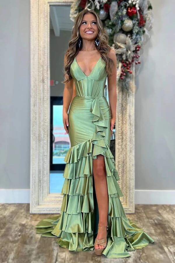 Charming Sage Satin Tiered Mermaid V Neck Prom Dresses With Slit, SLP077 image 2