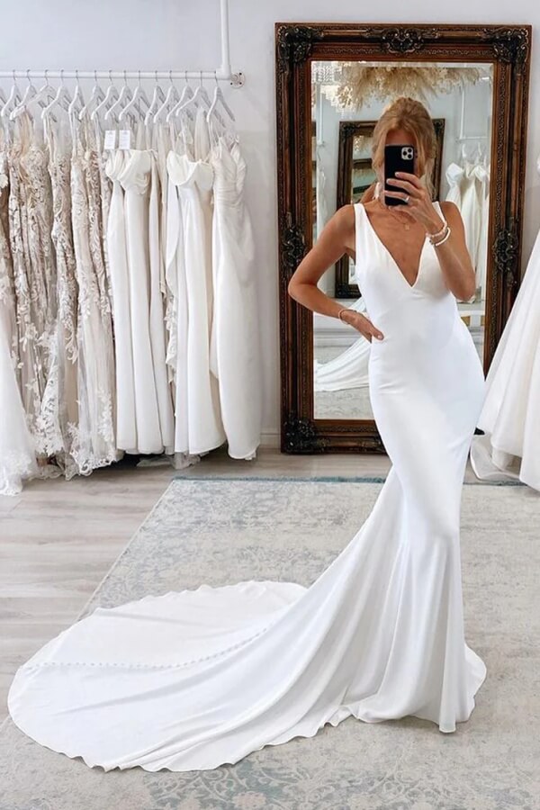 Charming Satin Mermaid V-neck Wedding Dresses With Court Train, SW701 | cheap wedding dress | bohemian wedding dress | wedding dress stores | simidress.com