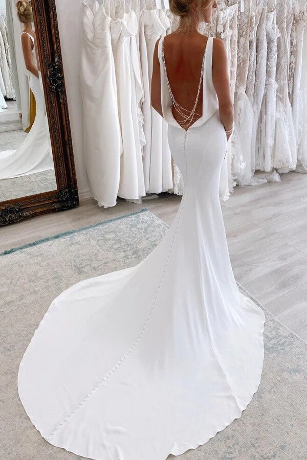 Charming Satin Mermaid V-neck Wedding Dresses With Court Train, SW701 | backless wedding dresses | vintage wedding dress | custom made wedding dress | simidress.com