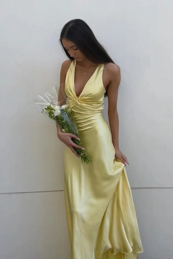 Chic Yellow Sheath Halter Neck Backless Long Prom Dresses With Bowknot, SLP096 image 1