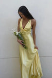 Chic Yellow Sheath Halter Neck Backless Long Prom Dresses With Bowknot, SLP096