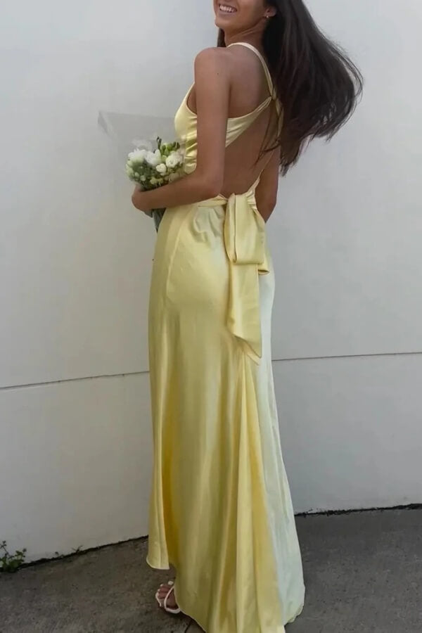 Chic Yellow Sheath Halter Neck Backless Long Prom Dresses With Bowknot, SLP096 image 2