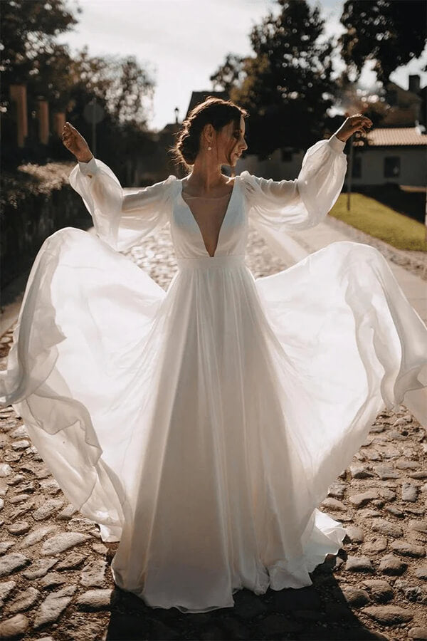 Chiffon A-line V-neck Long Puffy Sleeves Wedding Dresses, Bridal Gown, SW666 | chiffon wedding dress | modest wedding dress | wedding gown | simidress.com