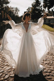 Chiffon A-line V-neck Long Puffy Sleeves Wedding Dresses, Bridal Gown, SW666 | chiffon wedding dress | modest wedding dress | wedding gown | simidress.com