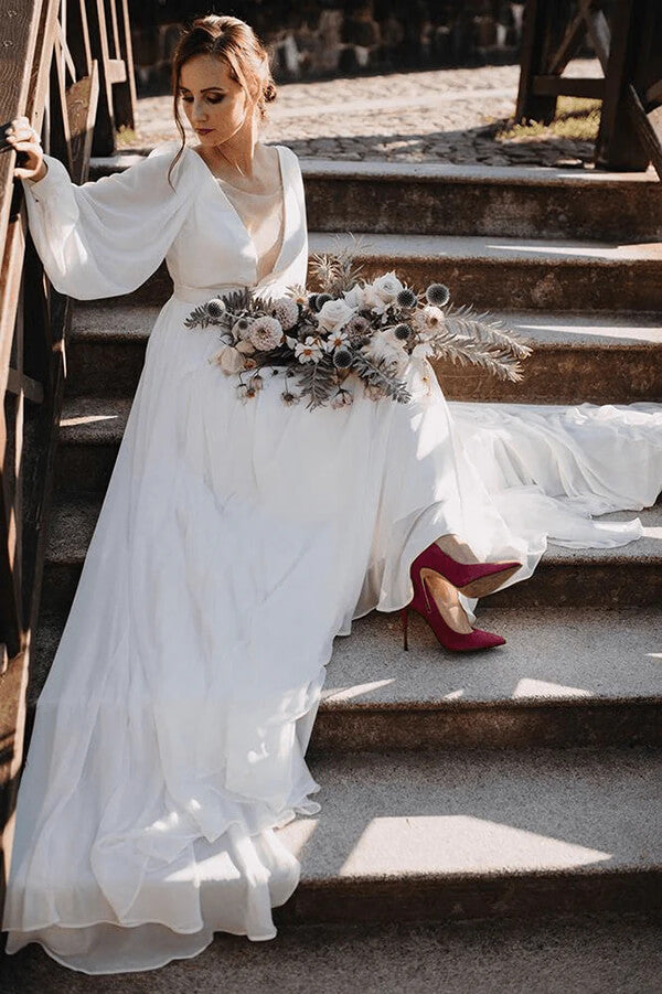Chiffon A-line V-neck Long Sleeves Wedding Dresses, SW666 | Simidress Chiffon A-line V-neck Long Sleeves Wedding Dresses, SW666 | Simidress