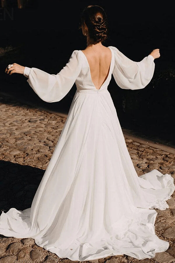 Chiffon A-line V-neck Long Sleeves Wedding Dresses, SW666 | Simidress Chiffon A-line V-neck Long Sleeves Wedding Dresses, SW666 | Simidress