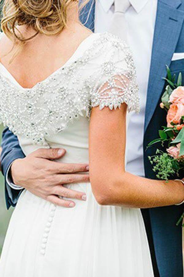 Chiffon A-line V-neck Short Sleeves Wedding Dresses With Beadings, SW625 | chiffon wedding dresses | vintage wedding dresses | a line wedding dresses | simidress.com