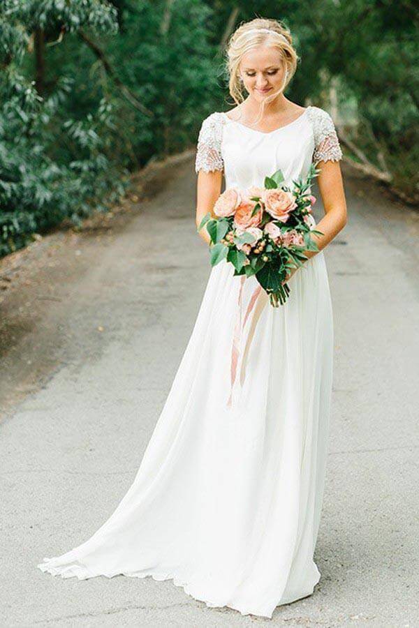 Chiffon A-line V-neck Short Sleeves Wedding Dresses With Beadings, SW625 | beaded wedding dresses | a line wedding dresses | bridal gown | simidress.com