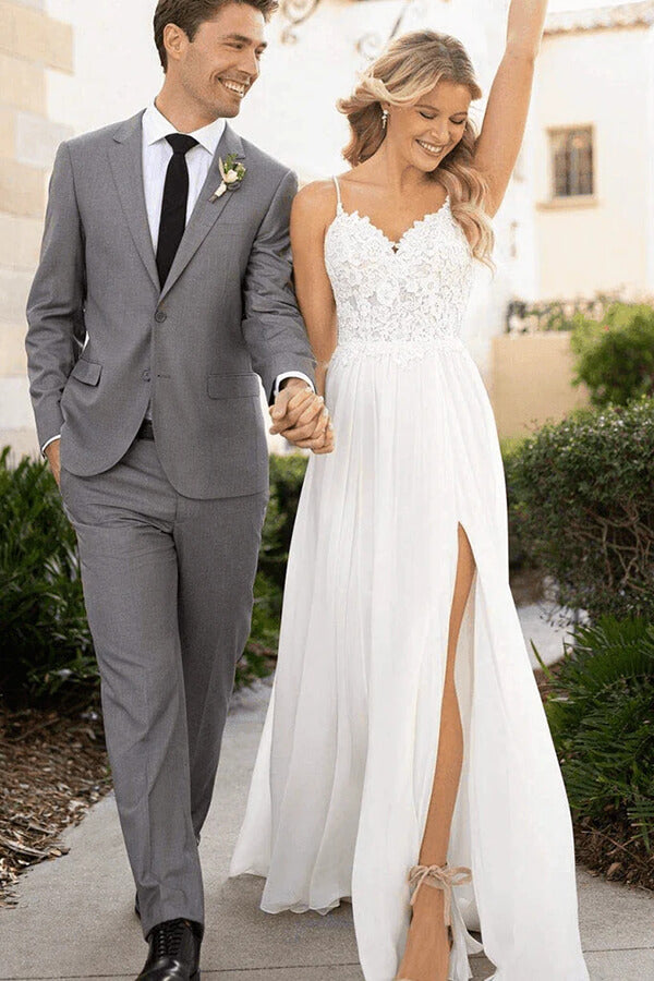 Chiffon A-line V-neck Spaghetti Straps Lace Beach Wedding Dresses, SW660 | cheap lace wedding dress | bridal gown | wedding dress stores | simidress.com