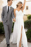 Chiffon A-line V-neck Spaghetti Straps Lace Beach Wedding Dresses, SW660