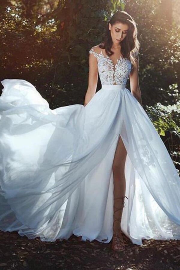 Chiffon A Line Floor-length Wedding Dresses With Lace Appliques, Simple Bridal Gown, SW763 | cheap lace wedding dress |  Boho lace wedding dress | lace wedding gown | simidress.com