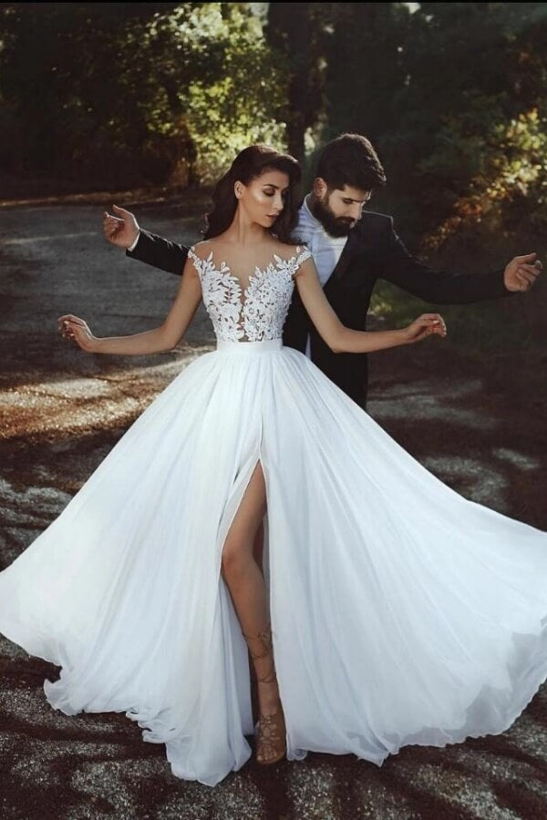 Chiffon A Line Floor-length Wedding Dresses With Lace Appliques, Simple Bridal Gown, SW763 | simple wedding dress | sexy wedding dress | beach wedding dress | simidress.com