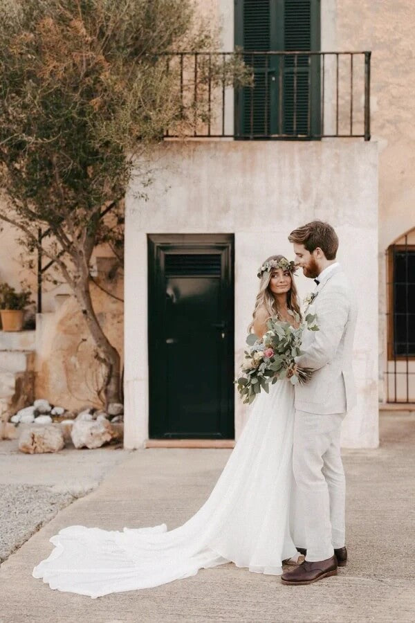 Chiffon A Line Spaghetti Straps Wedding Dresses With Lace Appliques, SW726 | bohemian wedding dress | lace wedding gown | wedding dress near me | simidress.com