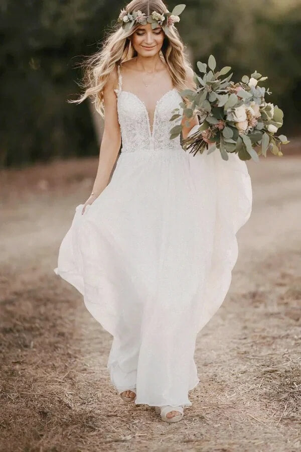 Chiffon A Line Spaghetti Straps Wedding Dresses With Lace Appliques, SW726 | cheap lace wedding dress | wedding gown | beach wedding dress | simidress.com