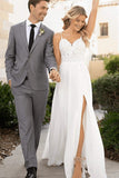 Chiffon Lace A-line V-neck Spaghetti Straps Beach Wedding Dresses, SW620 | chiffon wedding dress | lace wedding dresses | cheap lace wedding dress | simidress.com