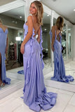 Classy Lilac Satin Mermaid V Neck Spaghetti Straps Pleated Prom Dresses, SLP102 | evening dresses | new arrival prom dresses | prom dresses stores near me | simidress.com