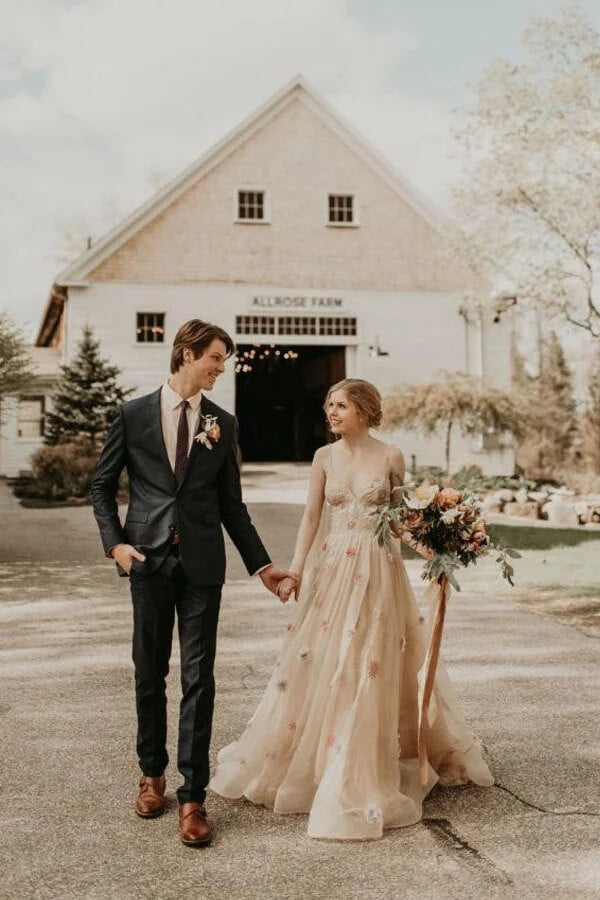 Colorful Tulle A-line V Neck 3D Flowers Spaghetti Straps Wedding Dresses, SW674 image 2