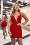 Cute Black Lace Sheath V Neck Short Homecoming Dresses With Beading, SH652 | red homecoming dress | lace homecoming dress | short party dress | simidress.com