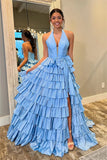 Cute Blue Satin A Line V Neck Side Slit Long Prom Dress With Bow, SLP104 | prom dress blue | long formal dress | cheap prom dress near me | simidress.com