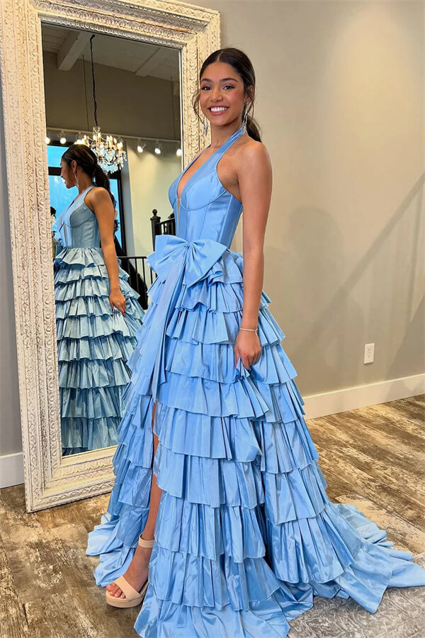 Cute Blue Satin A Line V Neck Side Slit Long Prom Dress With Bow, SLP104 | party dress | evening dress | simple prom dress | simidress.com