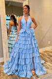 Cute Blue Satin A Line V Neck Side Slit Long Prom Dress With Bow, SLP104 | prom dress cheap | prom dress shopping near me | prom dresses for girls | simidress.com