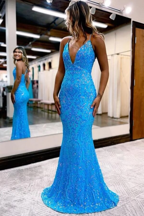 Cute Blue Sequins Mermaid V Neck Spaghetti Straps Long Prom Dresses, SLP091 image 1