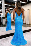 Cute Blue Sequins Mermaid V Neck Spaghetti Straps Long Prom Dresses, SLP091 image 2