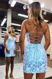 Cute Blue Spaghetti Straps V-neck Lace Appliques Homecoming Dresses, SH635 image 2