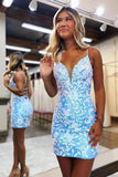 Cute Blue Spaghetti Straps V-neck Lace Appliques Homecoming Dresses, SH635