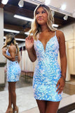 Cute Blue Spaghetti Straps V-neck Lace Appliques Homecoming Dresses, SH635 image 1