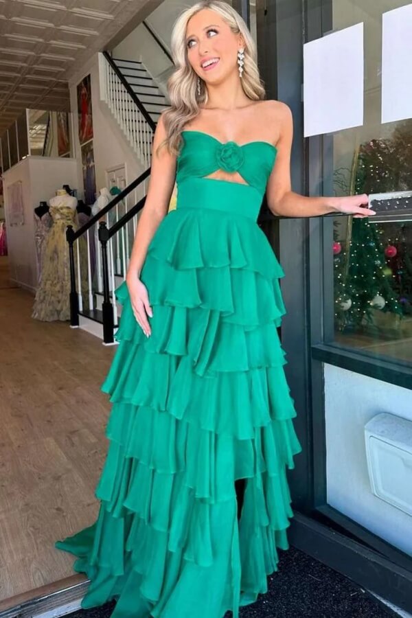 Cute Green Chiffon Tiered A Line Sweetheart Long Prom Dress, Party Dress, SLP116 | cheap prom dress | long prom dresses online | evening gown | simidress.com