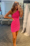 Cute Hot Pink Sequins One Shoulder Tight Short Homecoming Dresses, SH636