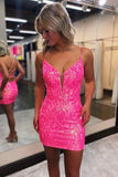 Cute Hot Pink Sheath Lace Sequins V Neck Short Homecoming Dresses, SH659 | hot pink homecoming dress | sparkly homecoming dress | cheap homecoming dress | simidress.com