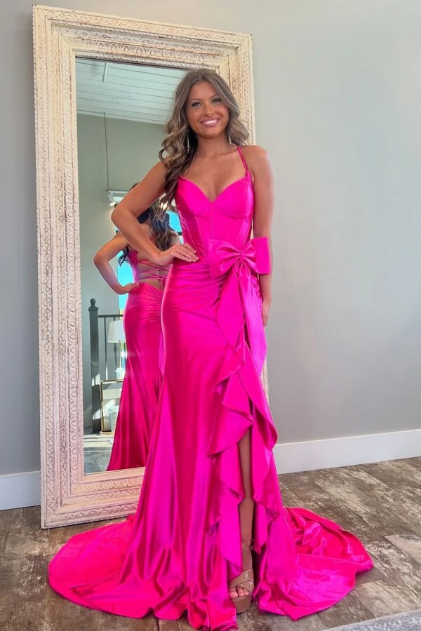 Cute Pink Satin Mermaid Prom Dresses With Bow, SLP056 Cute Pink Satin Mermaid Prom Dresses With Bow, SLP056
