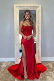 Cute Red Satin Mermaid Scoop Neck Long Prom Dresses With Lace Appliques, SLP092 image 1