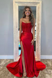 Cute Red Satin Mermaid Scoop Neck Long Prom Dresses With Lace Appliques, SLP092 image 2
