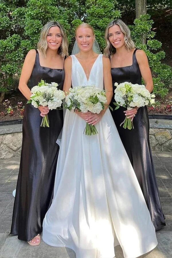 Elegant Black Satin A Line Square Neck Long Bridesmaid Dresses, BD146 | budget bridesmaid dress | simple bridesmaid dress | junior bridesmaid dress | simidress.com